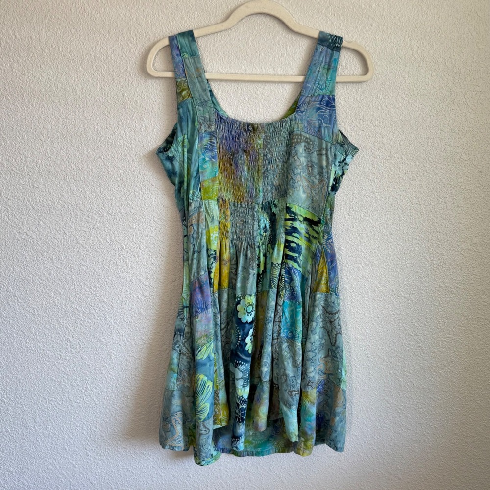 Batik Patchwork Smocked Back Mini Dress Pockets H… - image 1